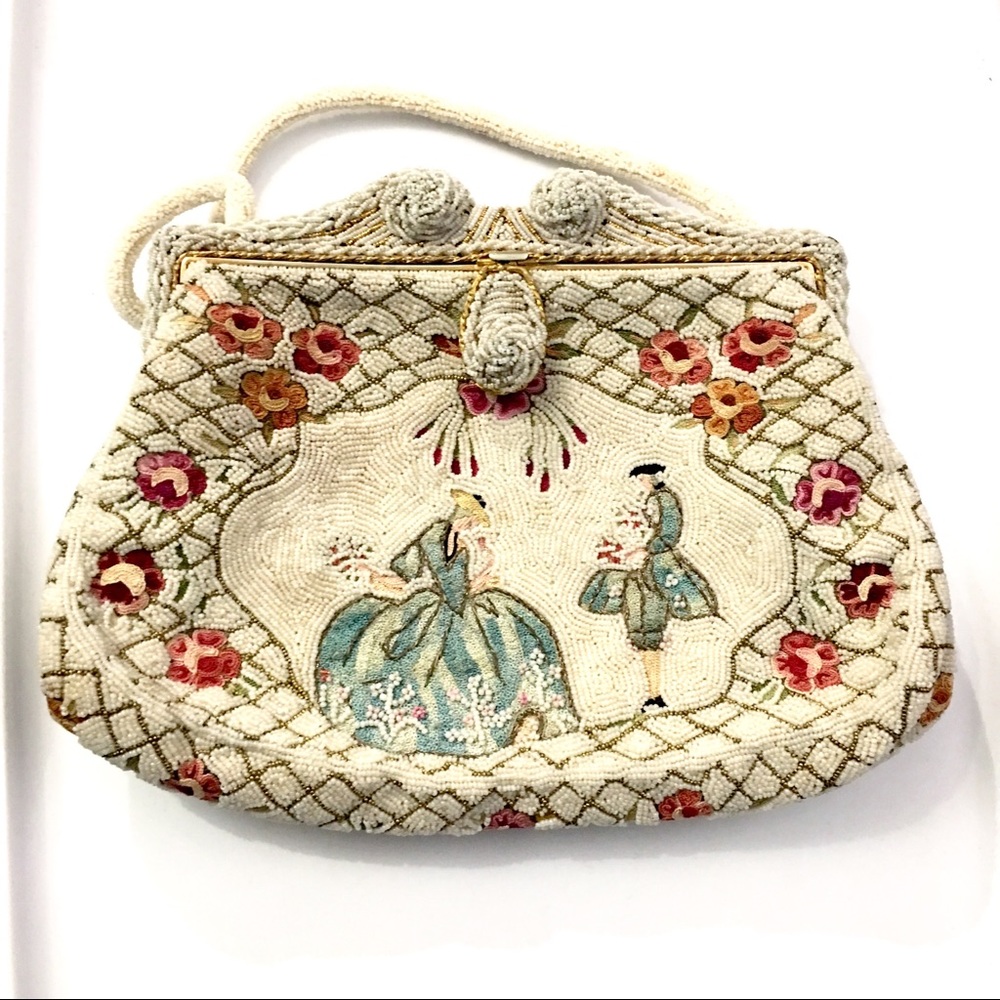 French Antique Beaded & Embroidered Courting Purse